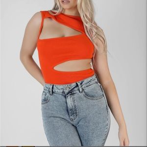 Asymmetric Cut Out Bodysuit in Orange NWT 🌸